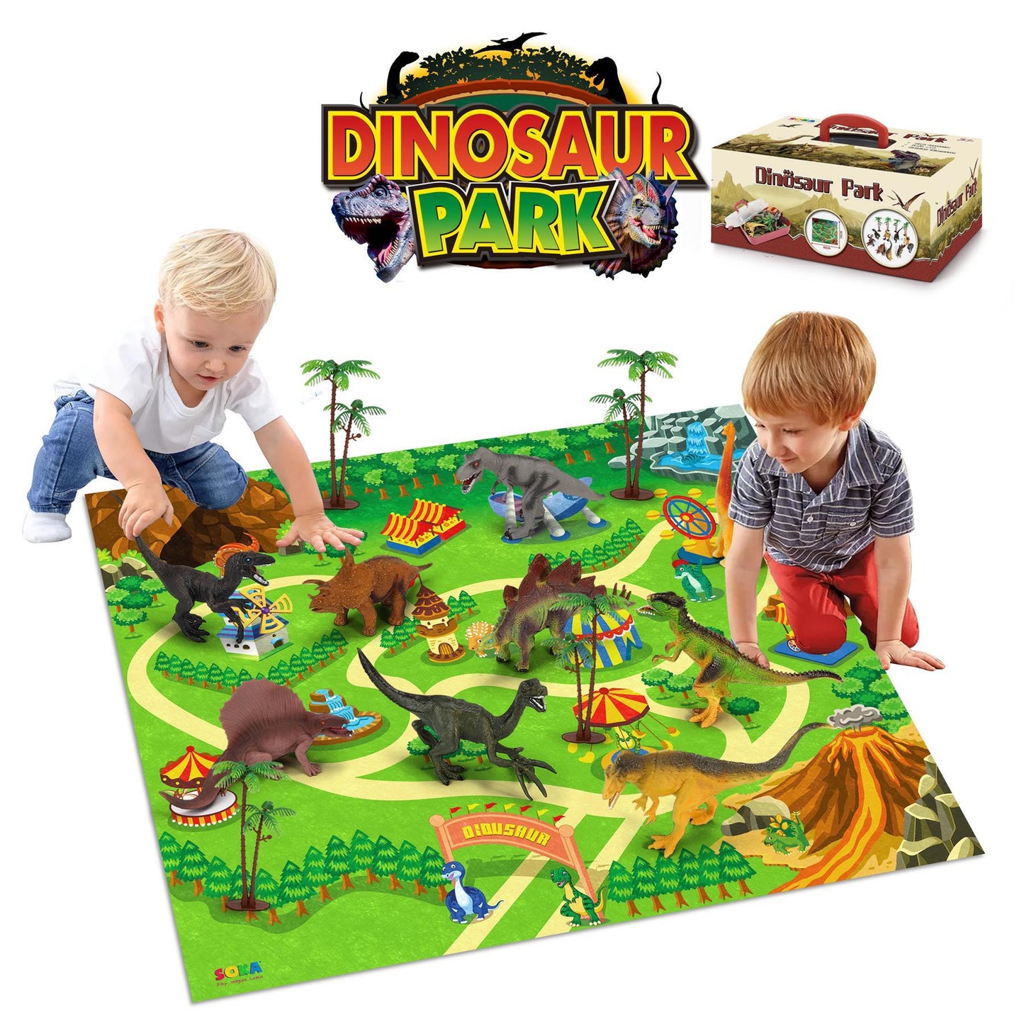 SOKA Realistic Dinosaur Toy Figure Set with Activity Play Mat & Trees for kids - Includes TRex Triceratops Velociraptor