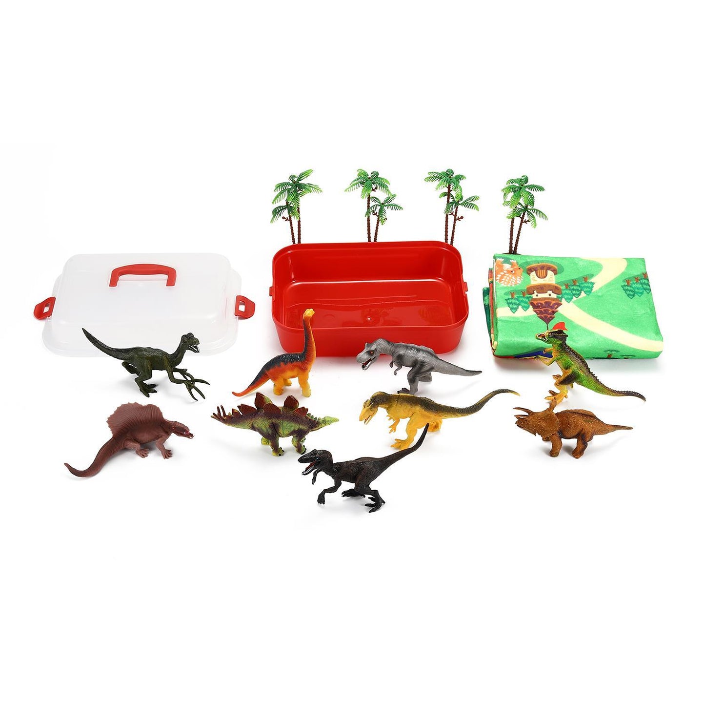 SOKA Realistic Dinosaur Toy Figure Set with Activity Play Mat & Trees for kids - Includes TRex Triceratops Velociraptor