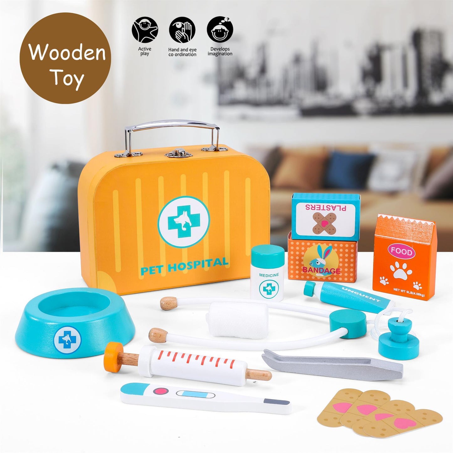 SOKA Wooden Pet Hospital Pretend Playset Vet Doctor Toy Kit Carry Case Kids 3+