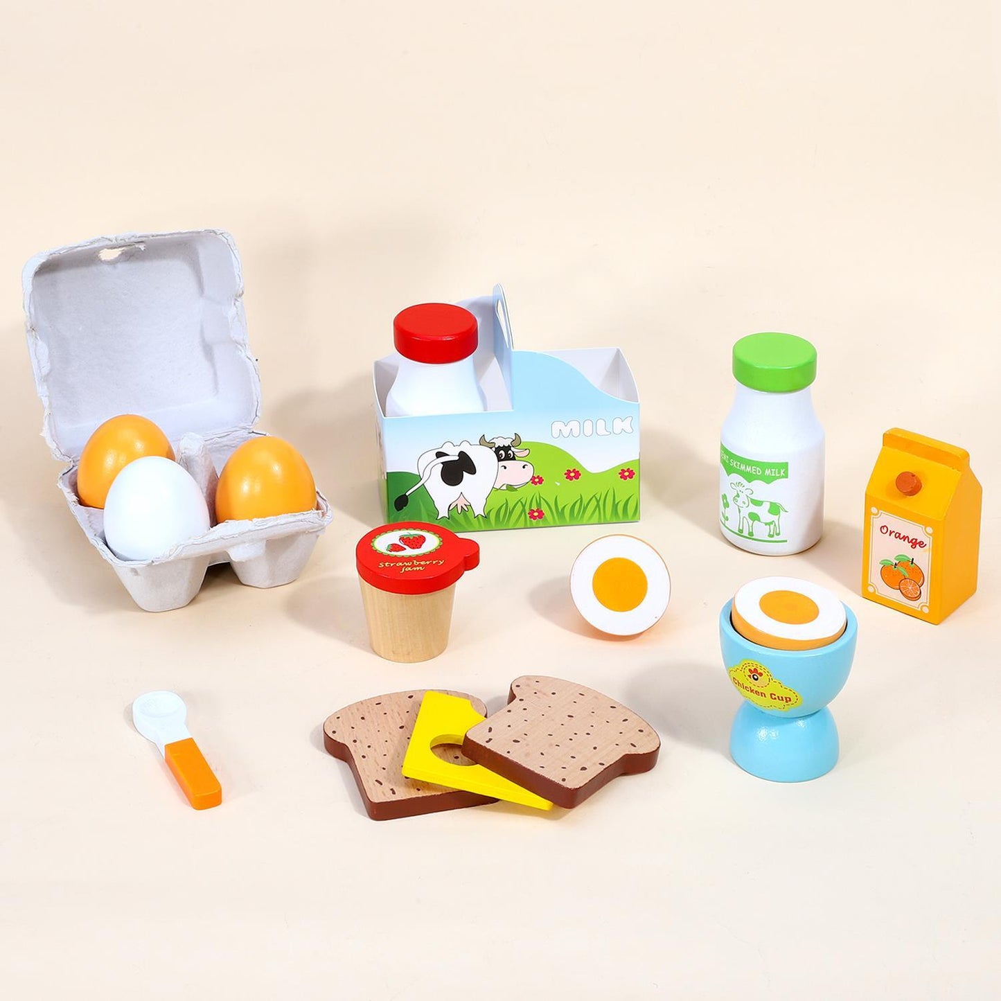 SOKA Wooden Breakfast Set 19 PCS Pretend Play Toys Toast Eggs Milk for Kids 3+