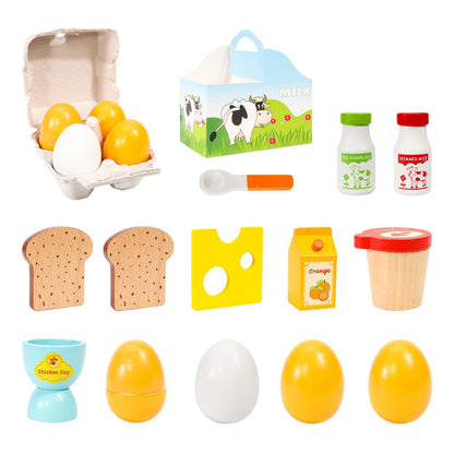 SOKA Wooden Breakfast Set 19 PCS Pretend Play Toys Toast Eggs Milk for Kids 3+