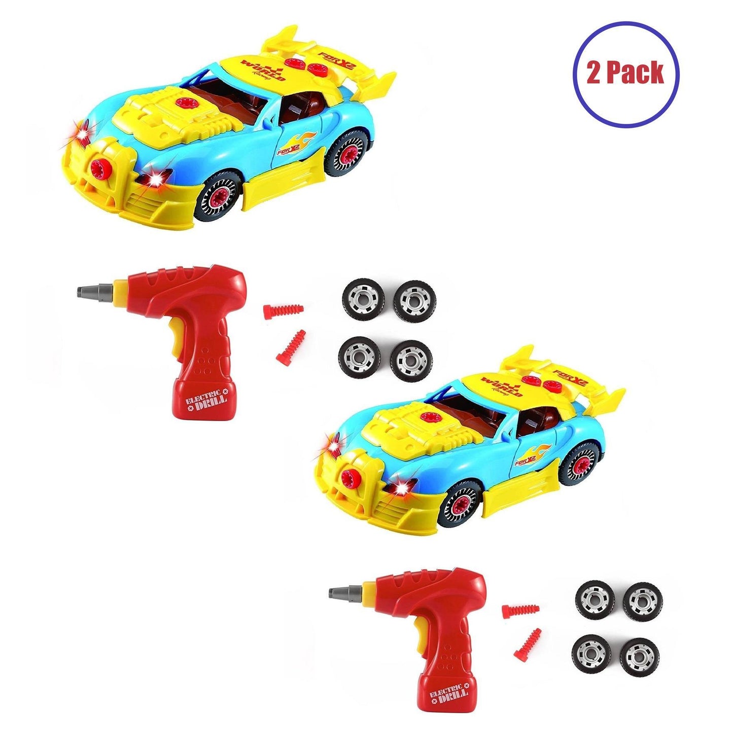 PACK OF 2 Build Your Own Toy Car with 30 Pieces & Electric Drill, Realistic Sounds & Lights For Boys 3 Years and Up