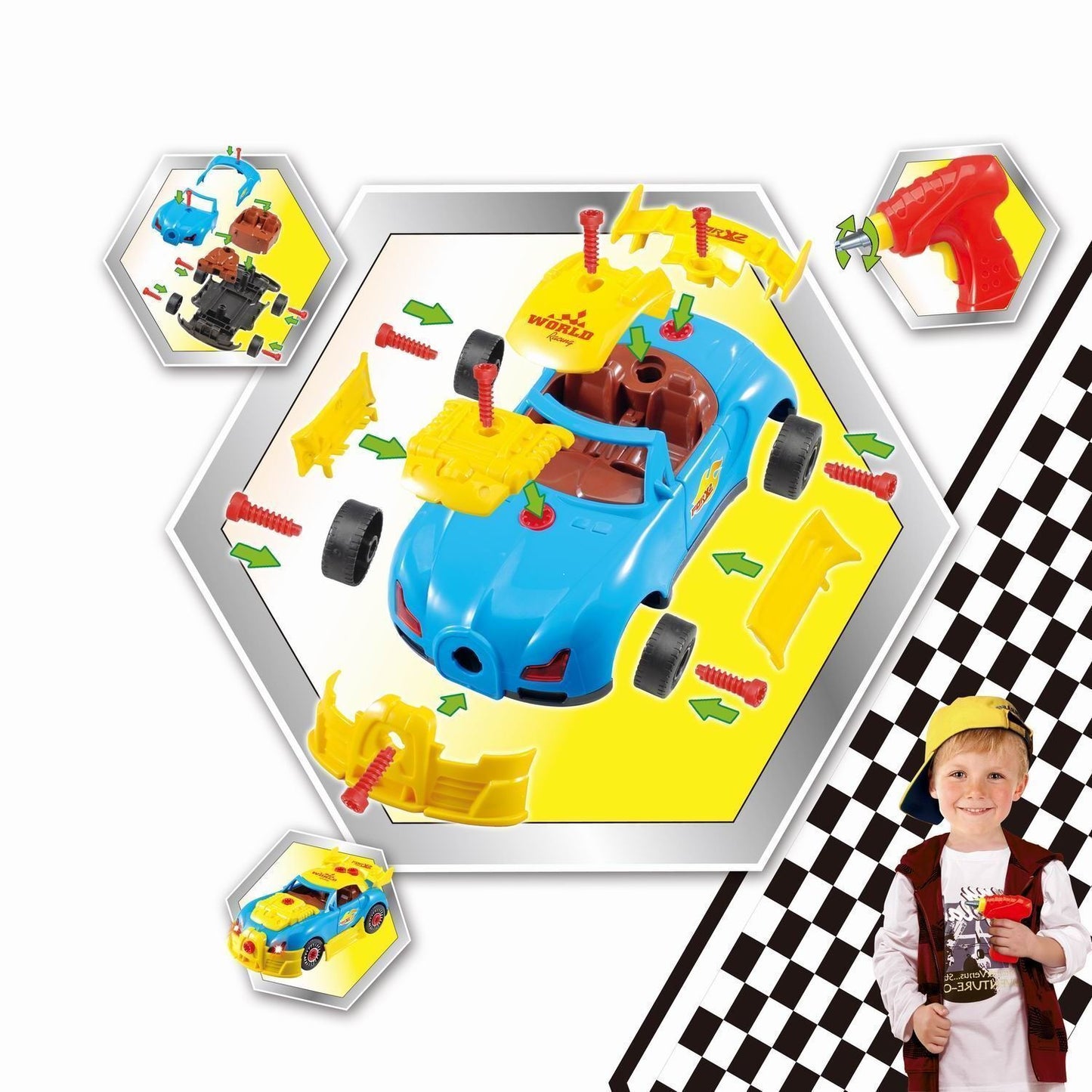 PACK OF 2 Build Your Own Toy Car with 30 Pieces & Electric Drill, Realistic Sounds & Lights For Boys 3 Years and Up