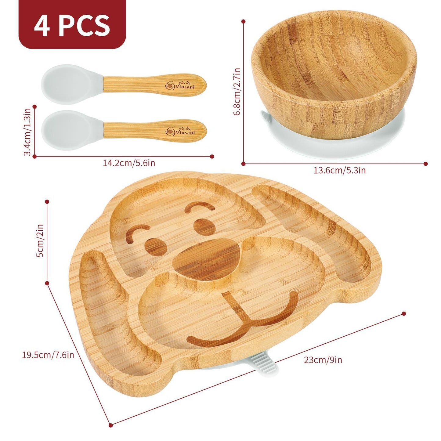 Bamboo Dog Plate Bowl & Spoon Set Suction Bowl Stay-Put Design - GREY