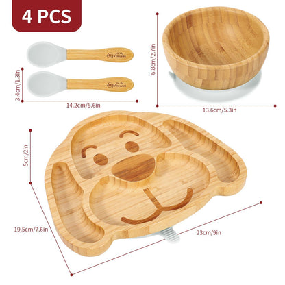 Bamboo Dog Plate Bowl & Spoon Set Suction Bowl Stay-Put Design - GREY