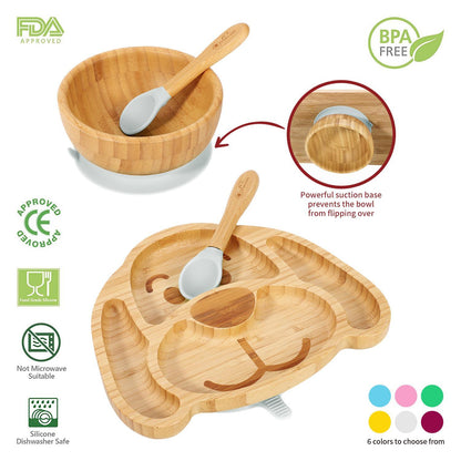 Bamboo Dog Plate Bowl & Spoon Set Suction Bowl Stay-Put Design - GREY