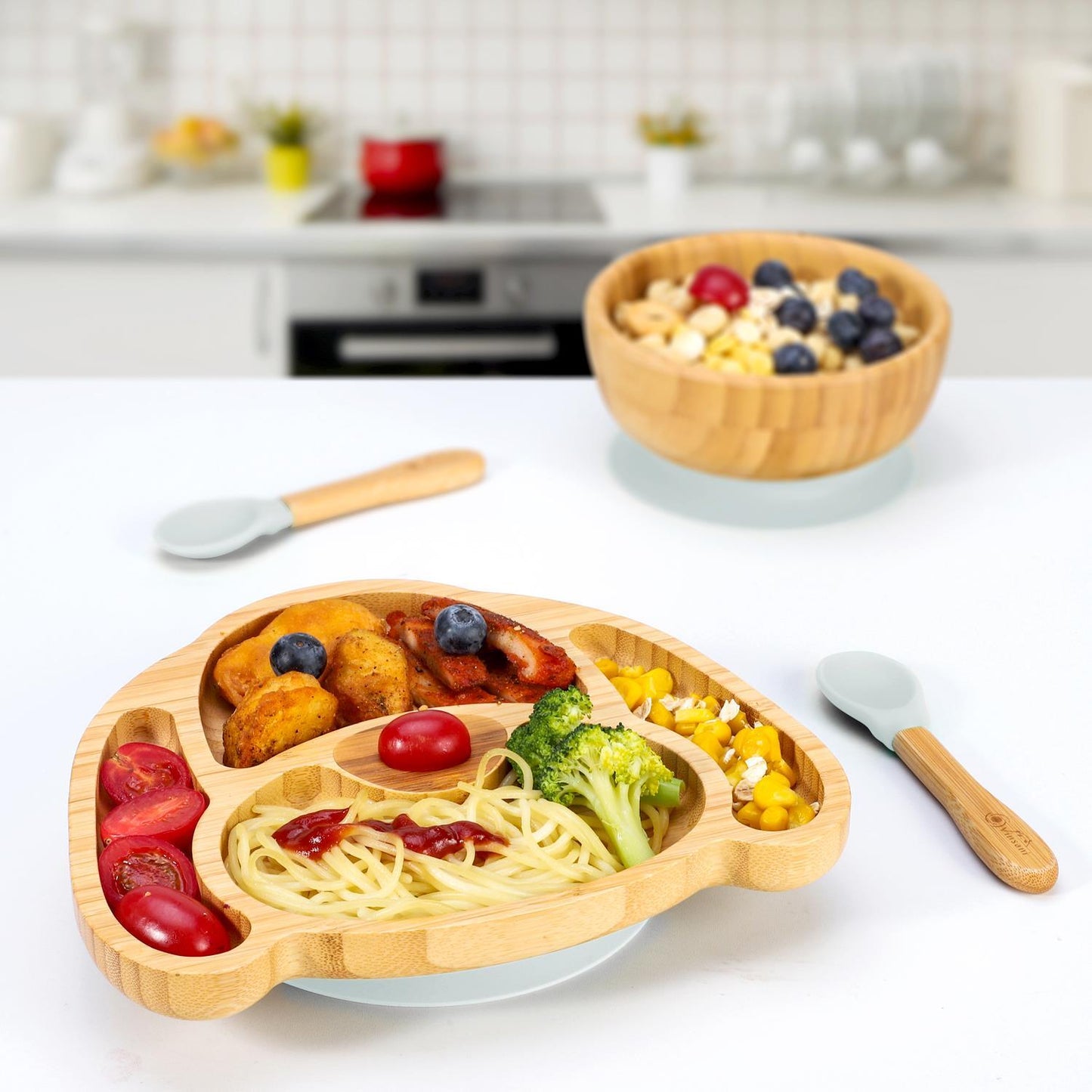 Bamboo Dog Plate Bowl & Spoon Set Suction Bowl Stay-Put Design - GREY