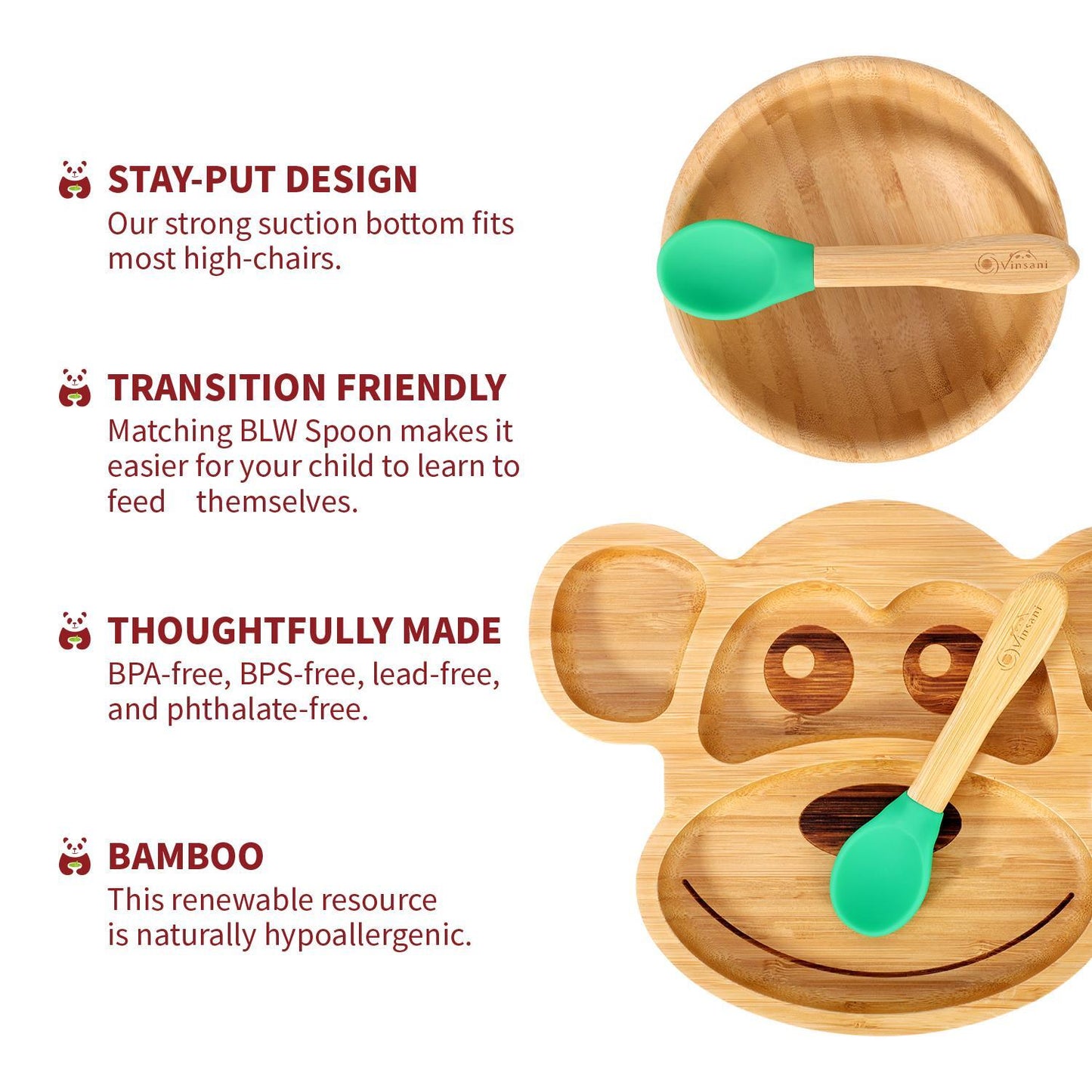 Bamboo Monkey Plate Bowl & Spoon Set Suction Bowls Stay-Put Design - GREEN