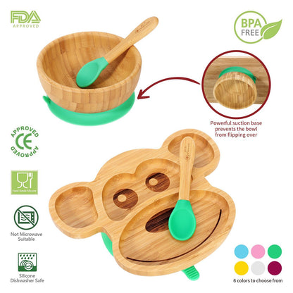 Bamboo Monkey Plate Bowl & Spoon Set Suction Bowls Stay-Put Design - GREEN