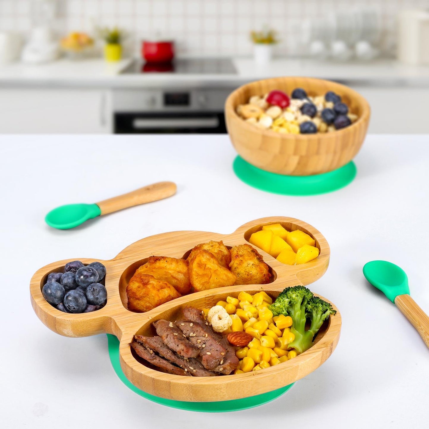 Bamboo Monkey Plate Bowl & Spoon Set Suction Bowls Stay-Put Design - GREEN