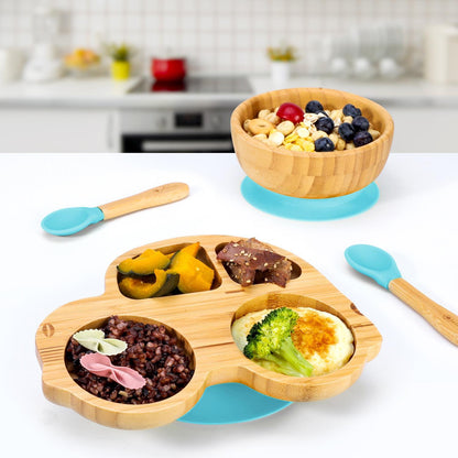 Bamboo Car Plate Bowl & Spoon Set Suction Bowl Stay-Put Design for Kids - BLUE