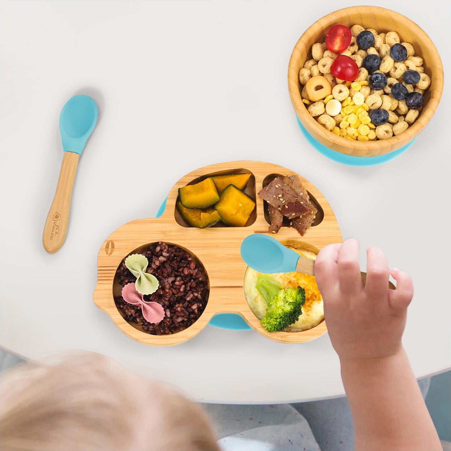 Bamboo Car Plate Bowl & Spoon Set Suction Bowl Stay-Put Design for Kids - BLUE