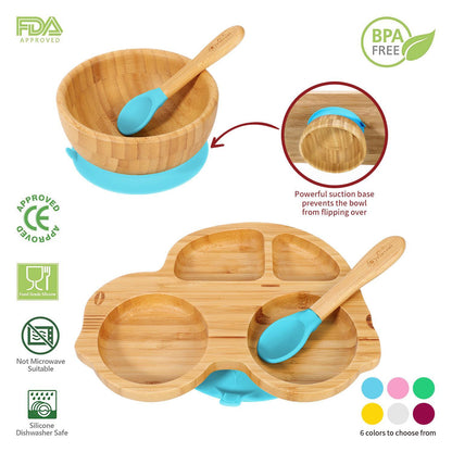 Bamboo Car Plate Bowl & Spoon Set Suction Bowl Stay-Put Design for Kids - BLUE