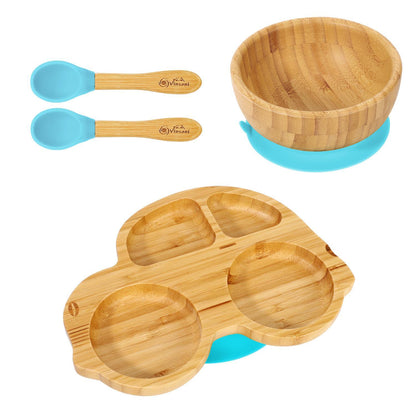 Bamboo Car Plate Bowl & Spoon Set Suction Bowl Stay-Put Design for Kids - BLUE