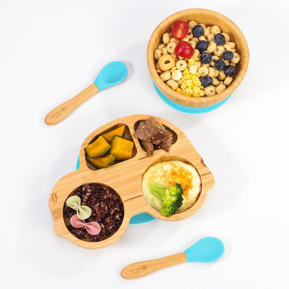 Bamboo Car Plate Bowl & Spoon Set Suction Bowl Stay-Put Design for Kids - BLUE