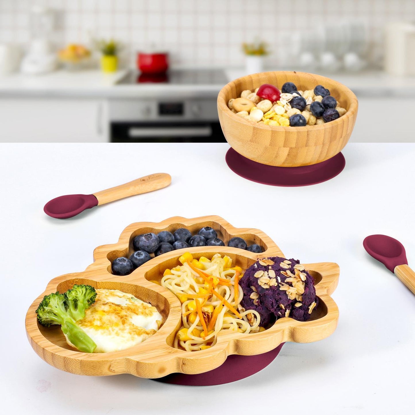 Bamboo Dinosaur Plate Bowl & Spoon Set Suction Bowl Stay-Put Design - RED