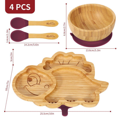 Bamboo Dinosaur Plate Bowl & Spoon Set Suction Bowl Stay-Put Design - RED