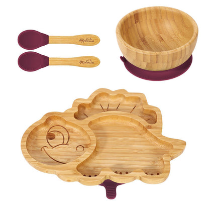 Bamboo Dinosaur Plate Bowl & Spoon Set Suction Bowl Stay-Put Design - RED