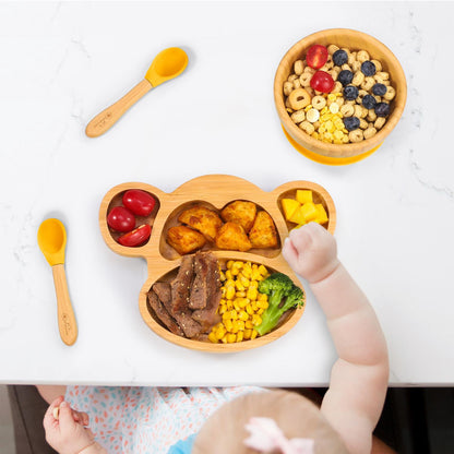 Bamboo Monkey Plate Bowl & Spoon Set Suction Bowls Stay-Put Design - YELLOW