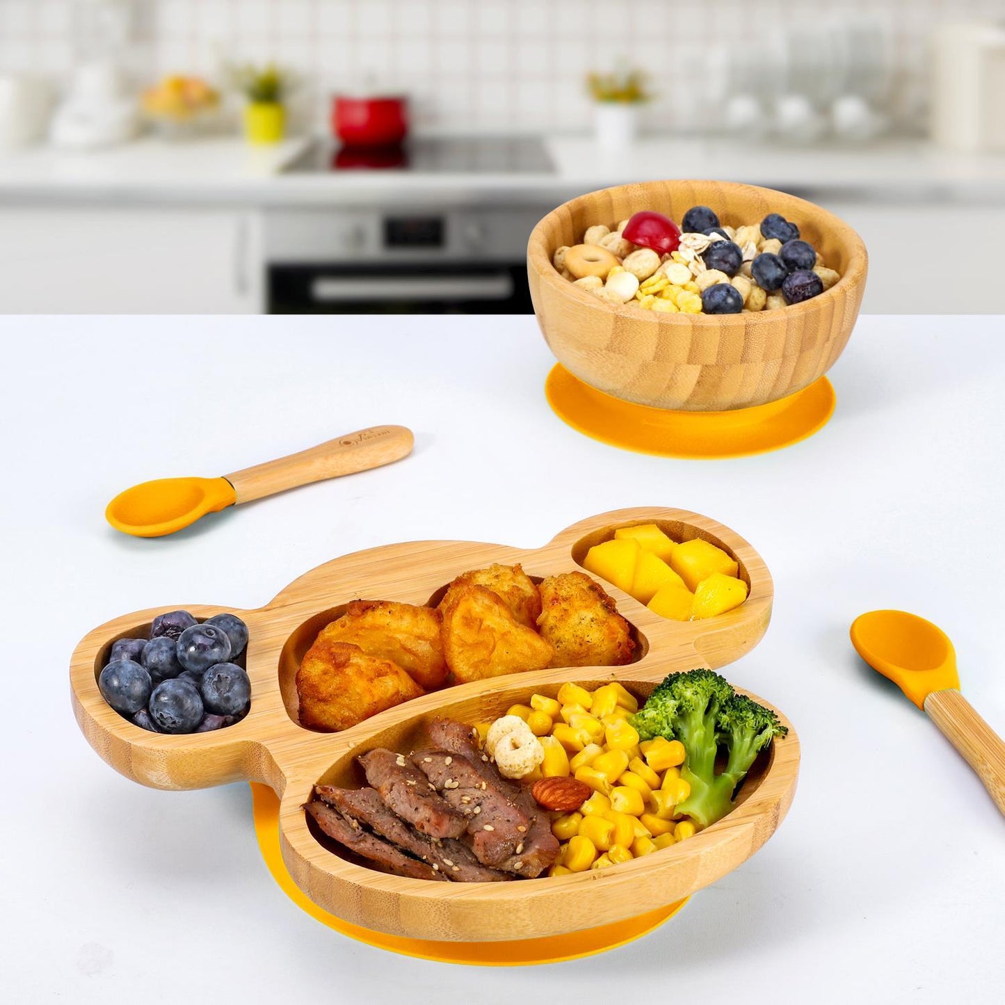 Bamboo Monkey Plate Bowl & Spoon Set Suction Bowls Stay-Put Design - YELLOW