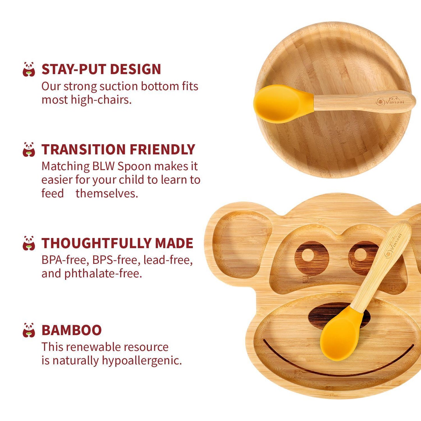 Bamboo Monkey Plate Bowl & Spoon Set Suction Bowls Stay-Put Design - YELLOW