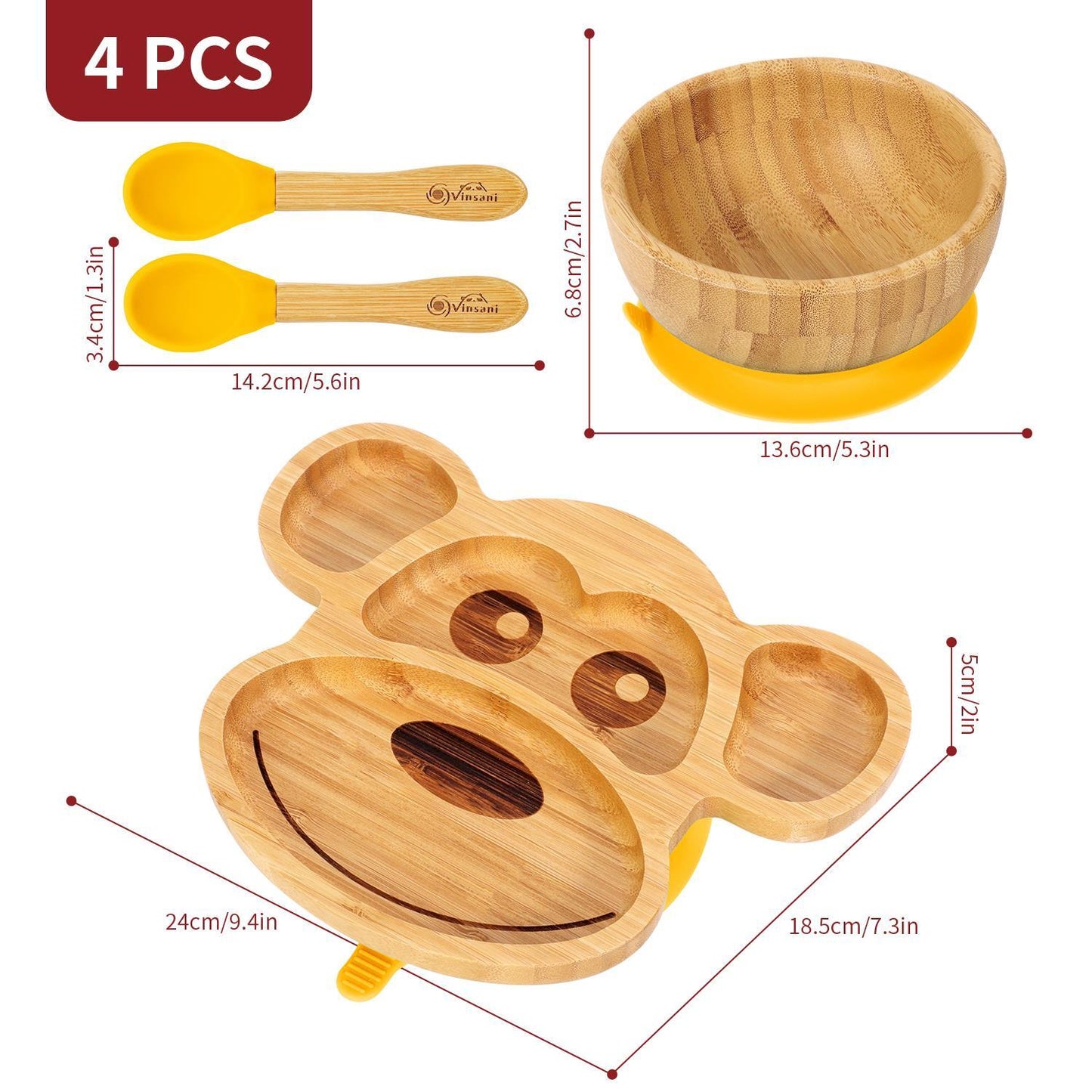 Bamboo Monkey Plate Bowl & Spoon Set Suction Bowls Stay-Put Design - YELLOW