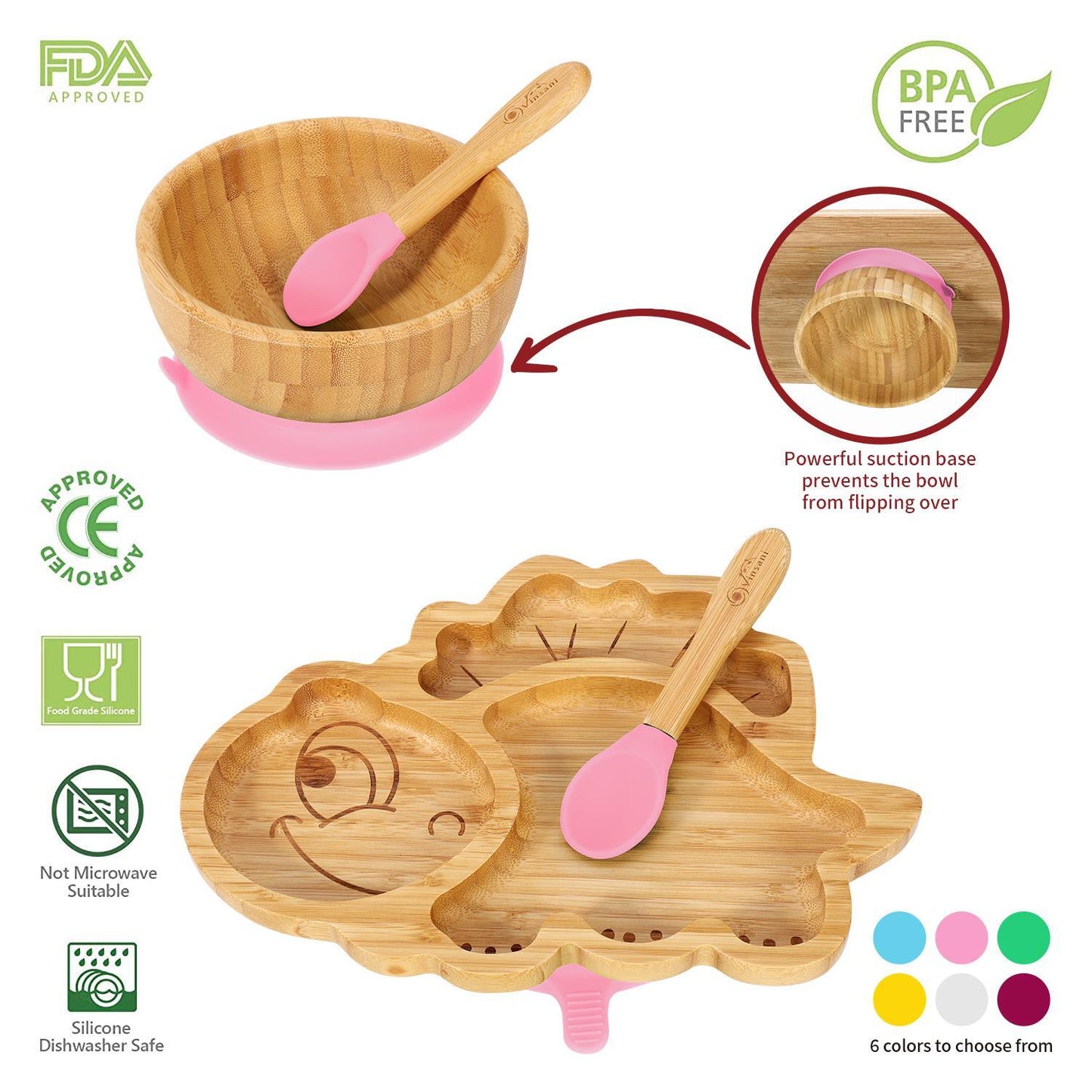 Bamboo Dinosaur Plate Bowl & Spoon Set Suction Bowl Stay-Put Design - PINK