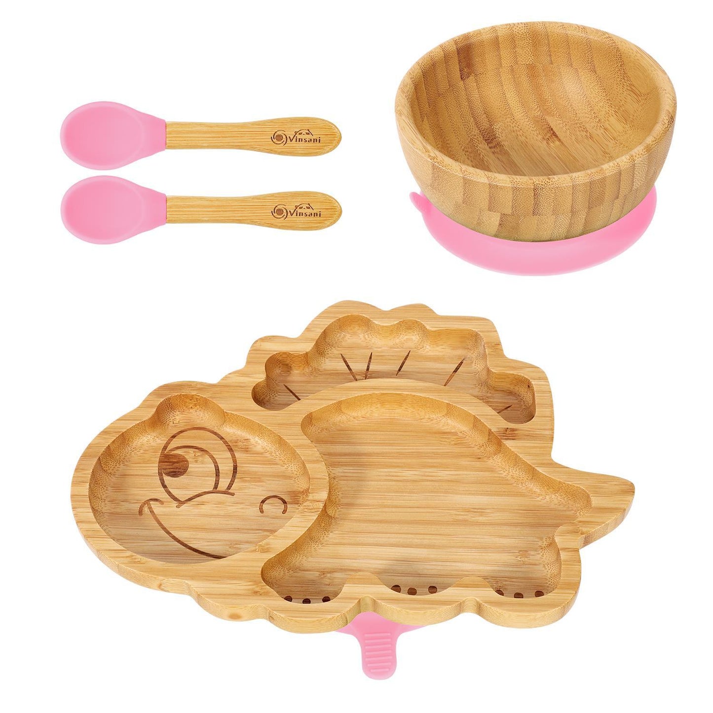 Bamboo Dinosaur Plate Bowl & Spoon Set Suction Bowl Stay-Put Design - PINK