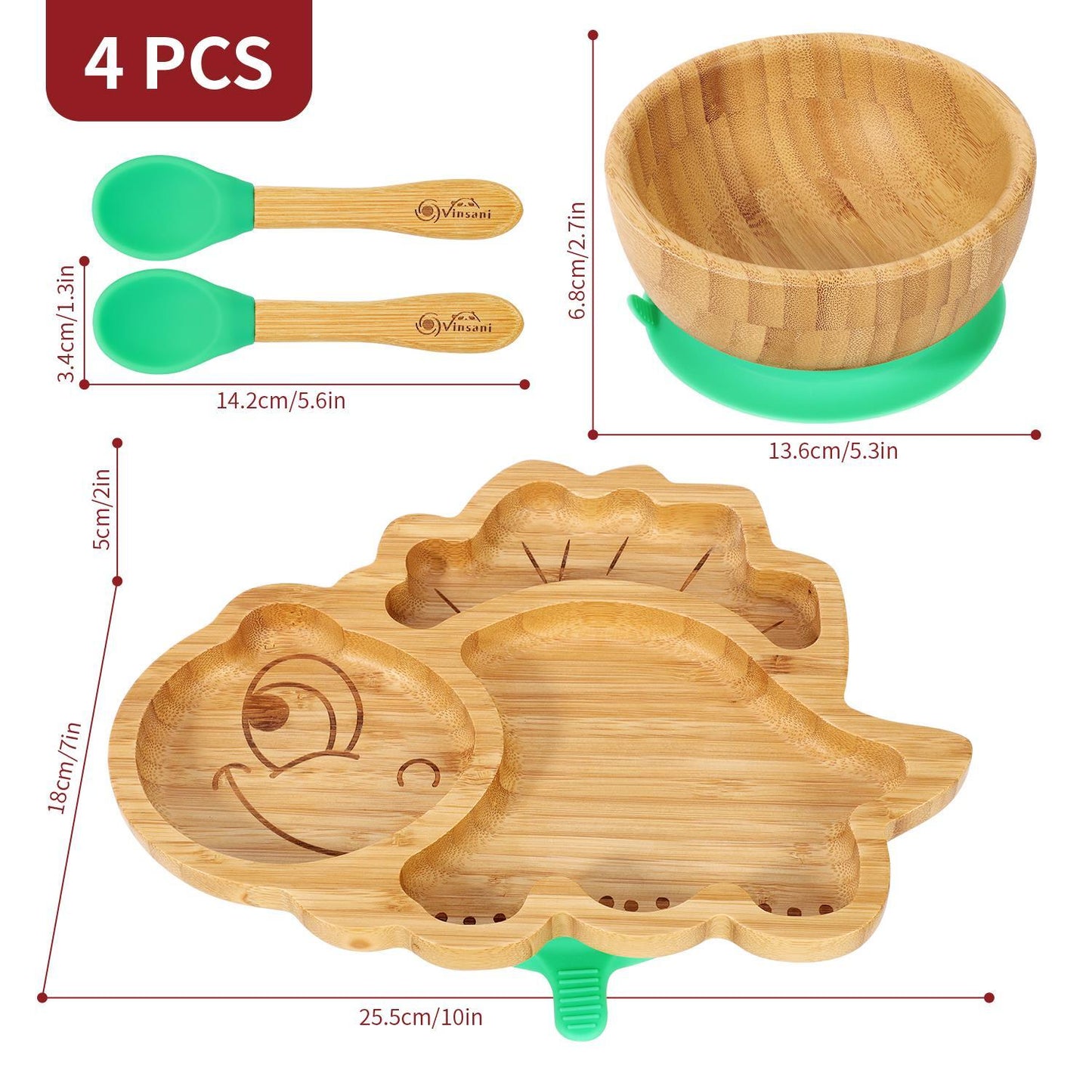 Bamboo Dinosaur Plate Bowl & Spoon Set Suction Bowl Stay-Put Design - GREEN