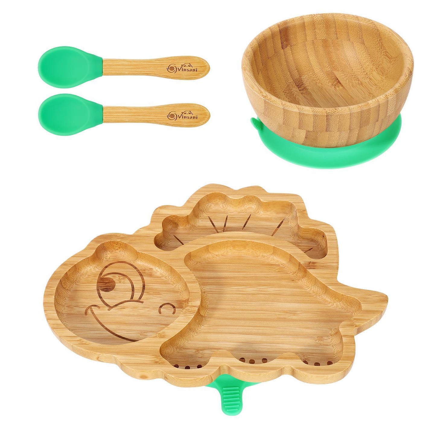 Bamboo Dinosaur Plate Bowl & Spoon Set Suction Bowl Stay-Put Design - GREEN