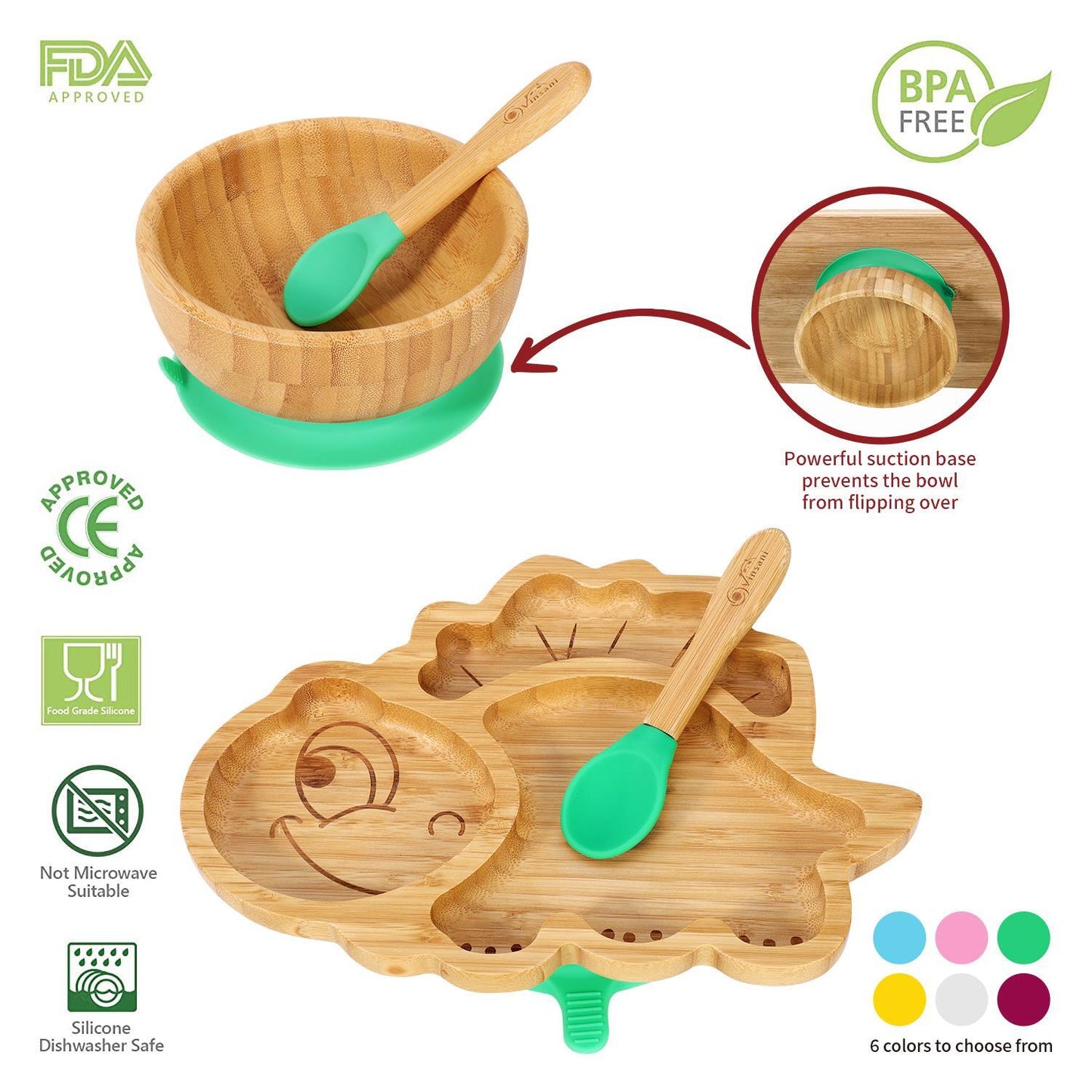 Bamboo Dinosaur Plate Bowl & Spoon Set Suction Bowl Stay-Put Design - GREEN