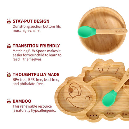 Bamboo Dinosaur Plate Bowl & Spoon Set Suction Bowl Stay-Put Design - GREEN