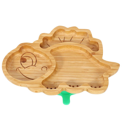 Bamboo Dinosaur Plate Bowl & Spoon Set Suction Bowl Stay-Put Design - GREEN