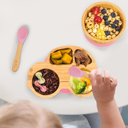 Bamboo Car Plate Bowl & Spoon Set Suction Bowl Stay-Put Design for Kids - PINK