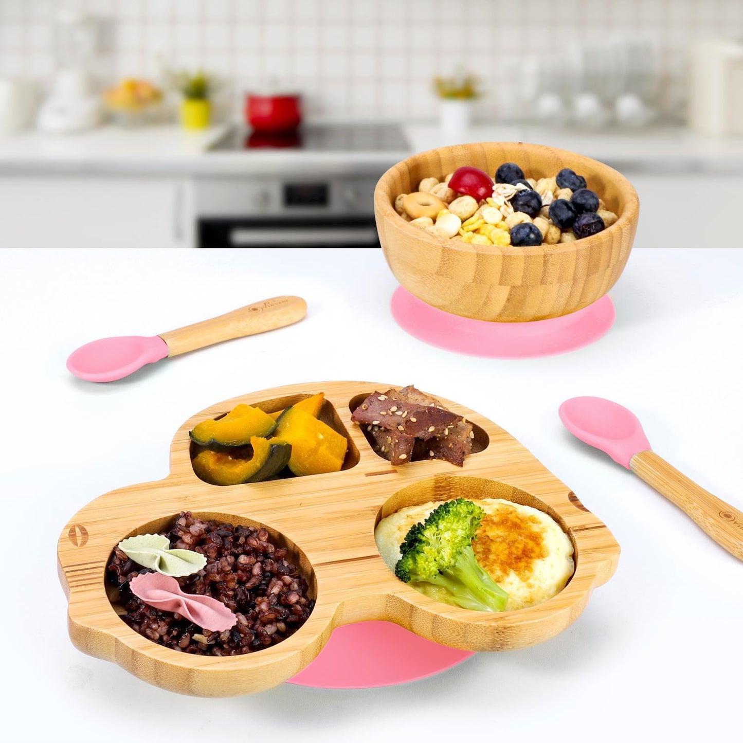 Bamboo Car Plate Bowl & Spoon Set Suction Bowl Stay-Put Design for Kids - PINK