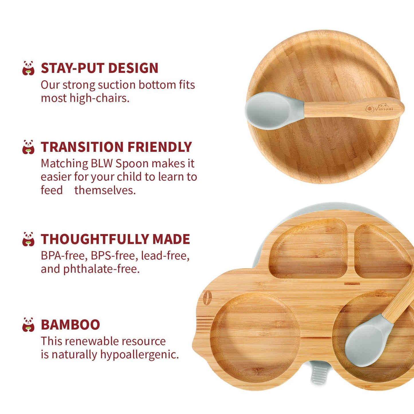 Bamboo Car Plate Bowl & Spoon Set Suction Bowl Stay-Put Design for Kids - GREY