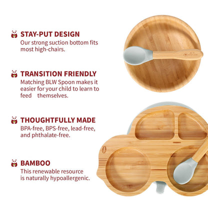 Bamboo Car Plate Bowl & Spoon Set Suction Bowl Stay-Put Design for Kids - GREY