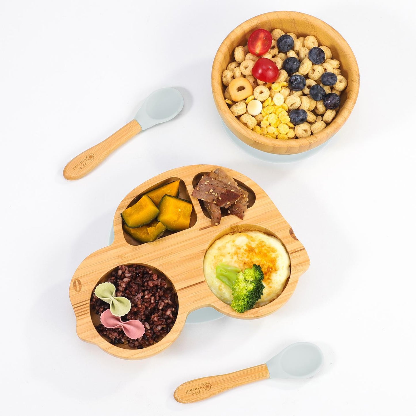 Bamboo Car Plate Bowl & Spoon Set Suction Bowl Stay-Put Design for Kids - GREY