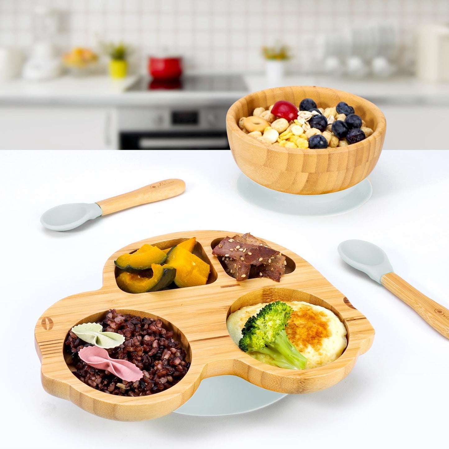 Bamboo Car Plate Bowl & Spoon Set Suction Bowl Stay-Put Design for Kids - GREY