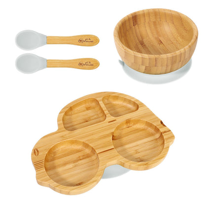 Bamboo Car Plate Bowl & Spoon Set Suction Bowl Stay-Put Design for Kids - GREY