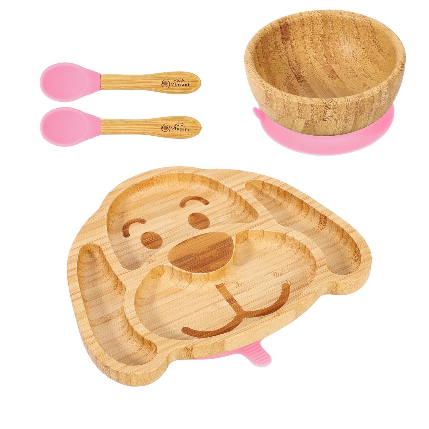 Bamboo Dog Plate Bowl & Spoon Set Suction Bowl Stay-Put Design - PINK