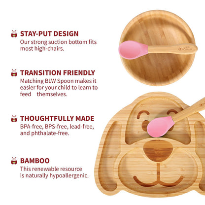 Bamboo Dog Plate Bowl & Spoon Set Suction Bowl Stay-Put Design - PINK