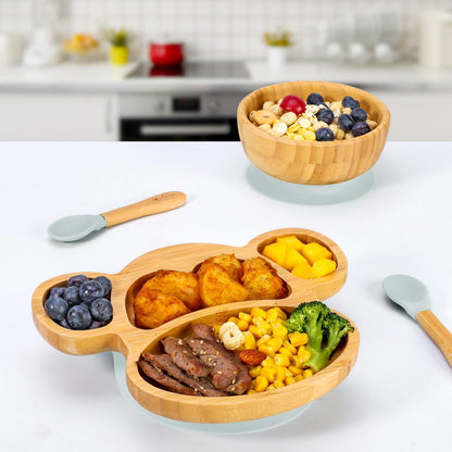 Bamboo Monkey Plate Bowl & Spoon Set Suction Bowls Stay-Put Design - GREY