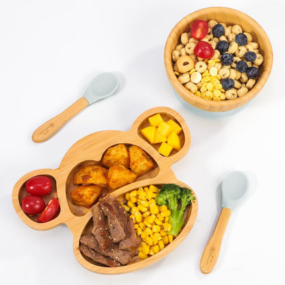 Bamboo Monkey Plate Bowl & Spoon Set Suction Bowls Stay-Put Design - GREY