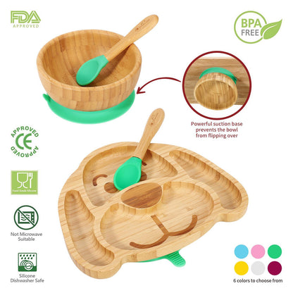 Bamboo Dog Plate Bowl & Spoon Set Suction Bowl Stay-Put Design - GREEN