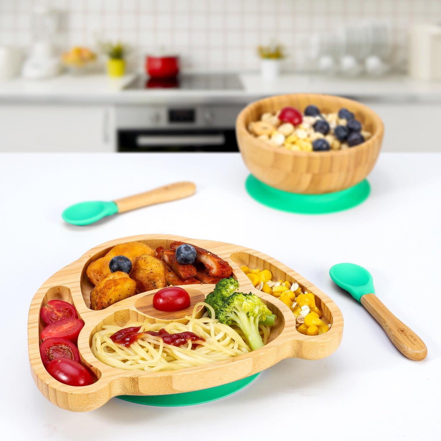 Bamboo Dog Plate Bowl & Spoon Set Suction Bowl Stay-Put Design - GREEN