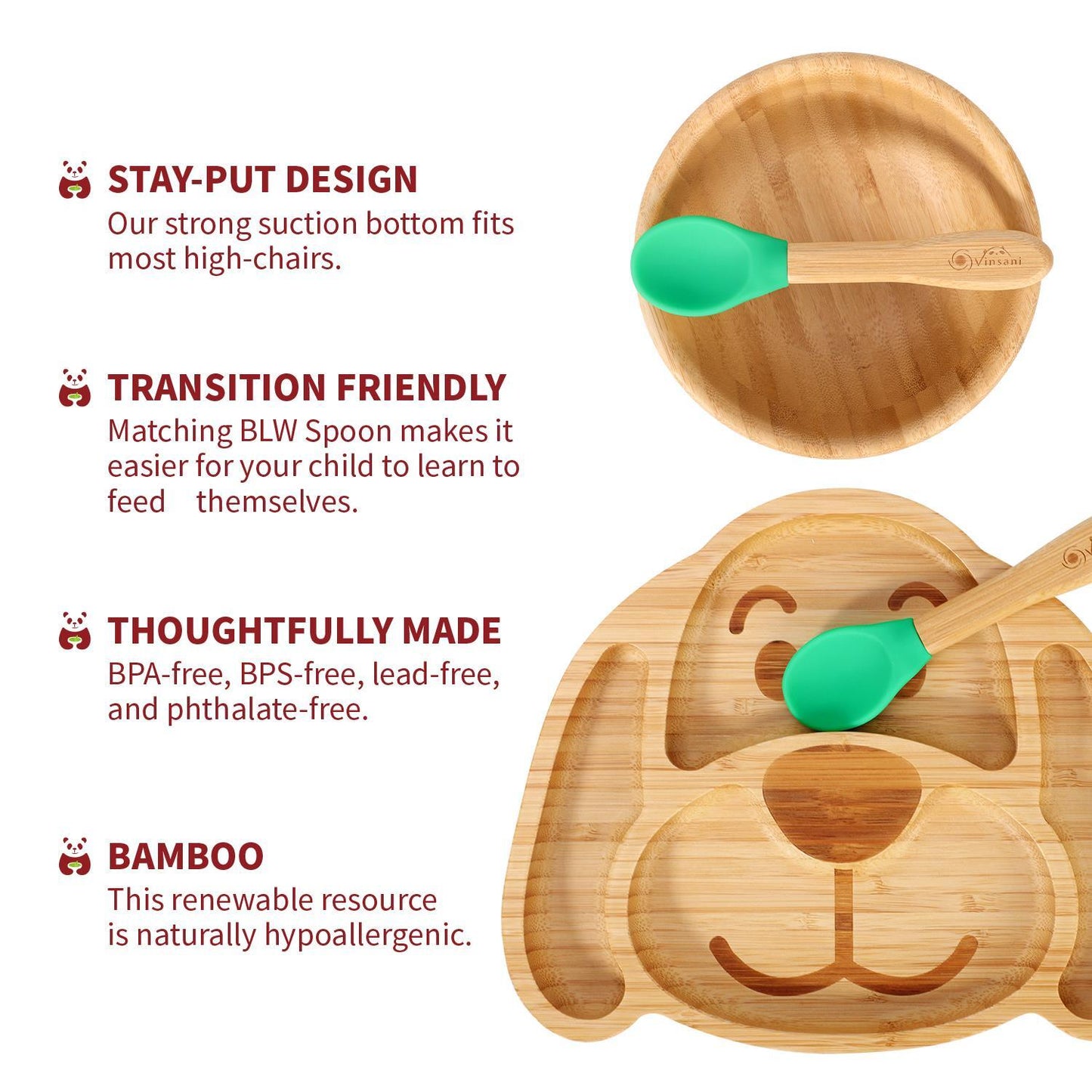 Bamboo Dog Plate Bowl & Spoon Set Suction Bowl Stay-Put Design - GREEN