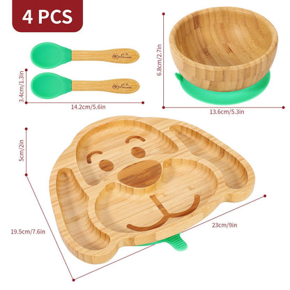 Bamboo Dog Plate Bowl & Spoon Set Suction Bowl Stay-Put Design - GREEN