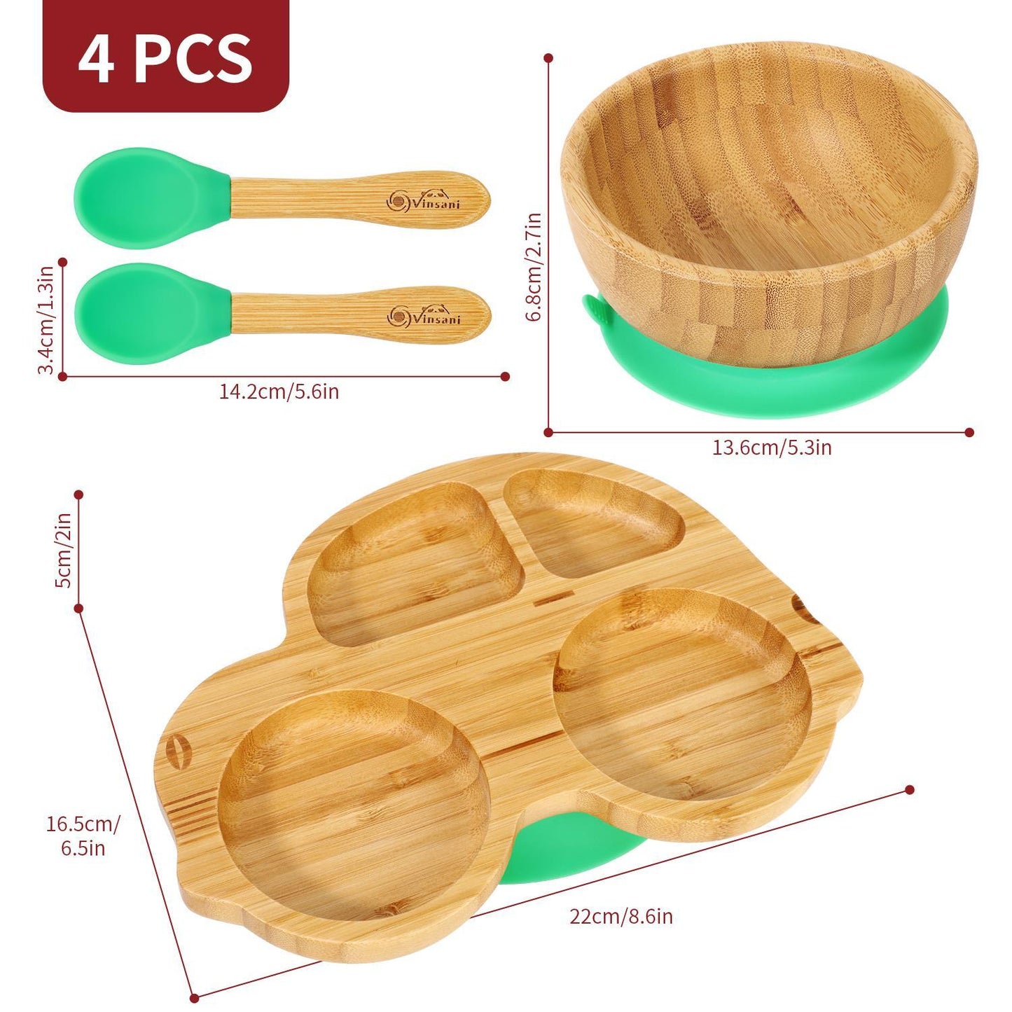 Bamboo Car Plate Bowl & Spoon Set Suction Bowl Stay-Put Design for Kids - GREEN