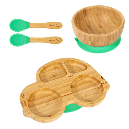 Bamboo Car Plate Bowl & Spoon Set Suction Bowl Stay-Put Design for Kids - GREEN